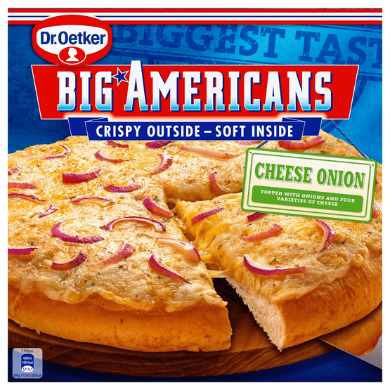 Foto van Dr. Oetker Big Americans pizza cheese onion op witte achtergrond
