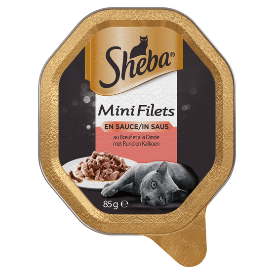 Foto van Sheba Kattenmaaltijd mini filets in saus rund-kalkoen op witte achtergrond