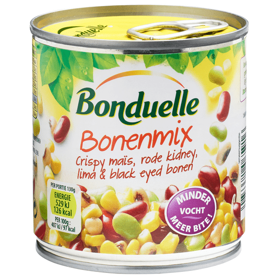 Foto van Bonduelle Bonenmix maïs/kidneybonen/limabonen op witte achtergrond