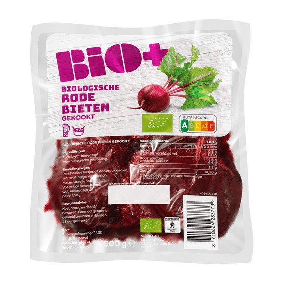 Foto van Bio+ Biologische rode bieten gekookt op witte achtergrond