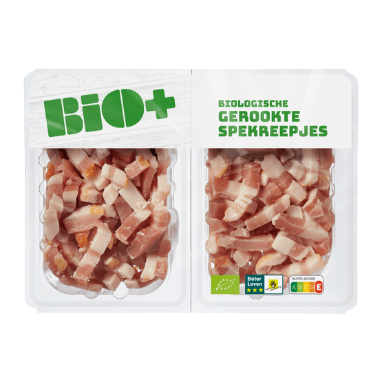 Foto van Bio+ Spekreepjes gerookt op witte achtergrond