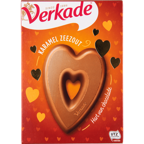 Foto van Verkade Chocolade hart karamel/zeezout op witte achtergrond