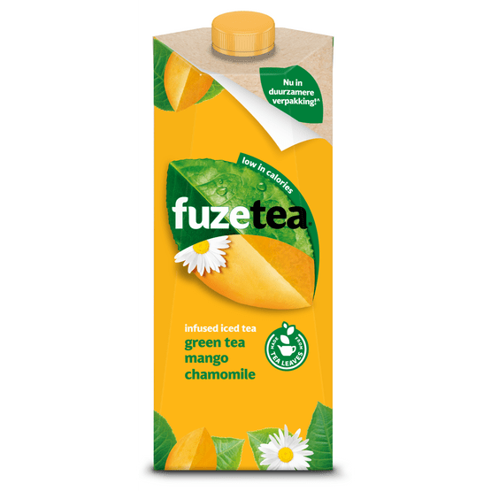 Foto van Fuze tea Green mango kamille op witte achtergrond