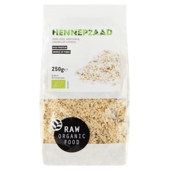 Foto van RAW Organic Food Hennepzaad op witte achtergrond