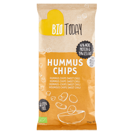 Foto van BioToday Hummus chips sweet chili op witte achtergrond