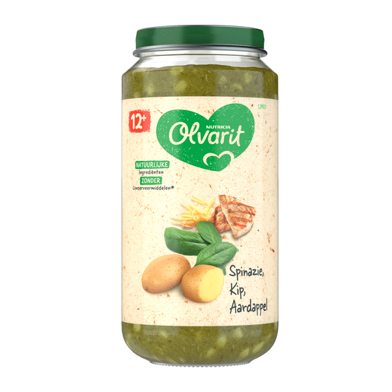 Foto van Olvarit 12+ Maanden Spinazie Kip Aardappel op witte achtergrond