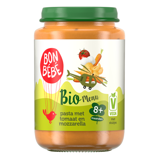 Foto van Bonbébé Biomenu 8+ maanden pasta met tomaat mozzarella op witte achtergrond