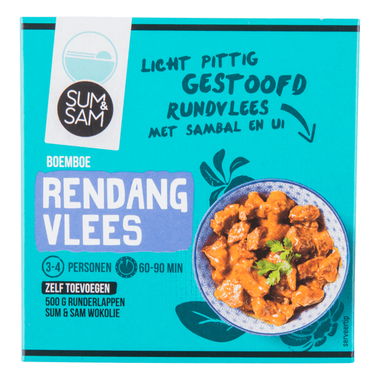 Foto van Sum & Sam Boemboe rendang vlees op witte achtergrond