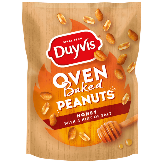 Foto van Duyvis Oven baked peanuts honey op witte achtergrond