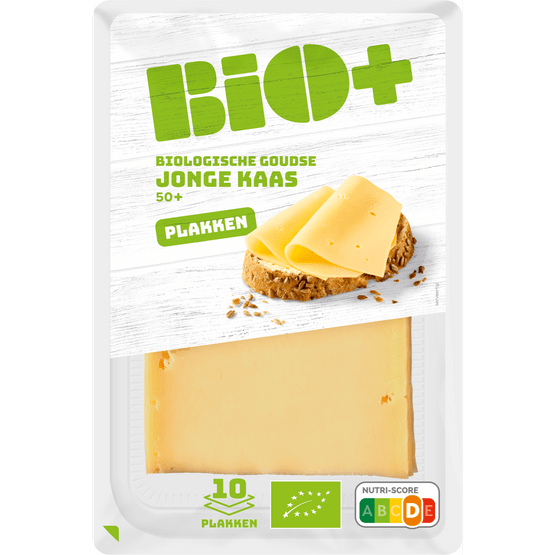 Foto van Bio+ Biologische goudse jonge kaas plakken 50+ op witte achtergrond