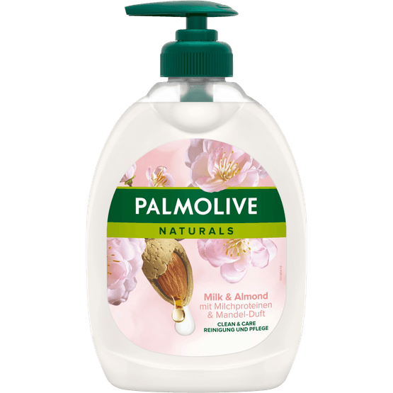 Foto van Palmolive Vloeibare zeeppomp amandel op witte achtergrond