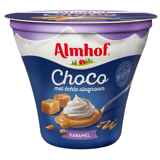 Foto van Almhof Choco met slagroom karamel op witte achtergrond