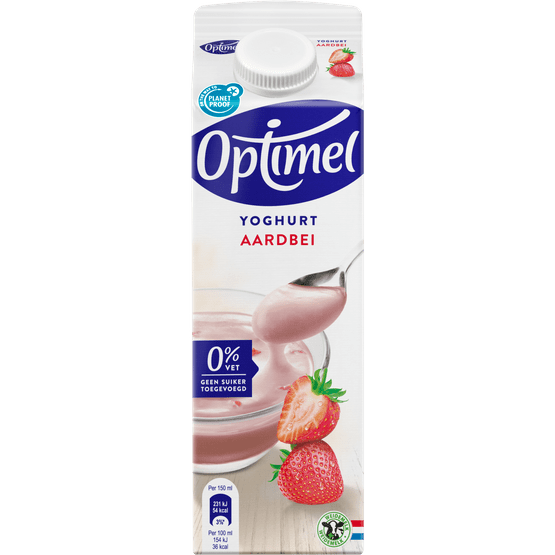 Foto van Optimel Yoghurt aardbei 0% vet op witte achtergrond