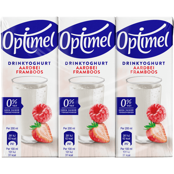 Foto van Optimel Drinkyoghurt aardbei framboos op witte achtergrond