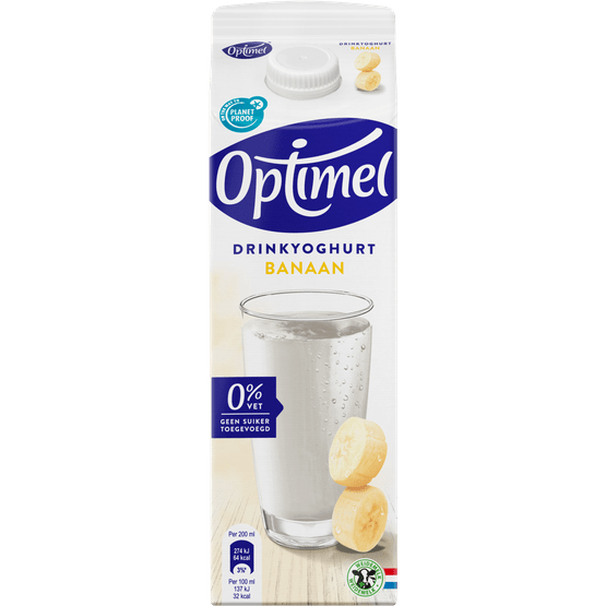 Foto van Optimel Drinkyoghurt banaan 0% vet op witte achtergrond