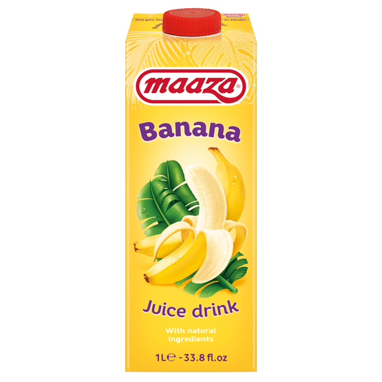 Foto van Maaza Banana juice drink op witte achtergrond