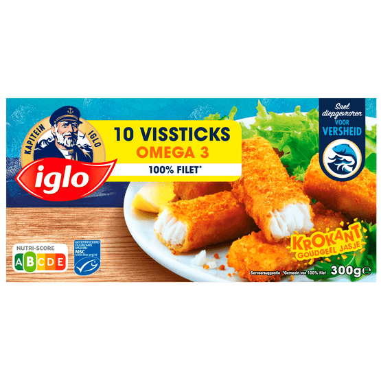 Foto van Iglo Vissticks omega 3 10 stuks op witte achtergrond