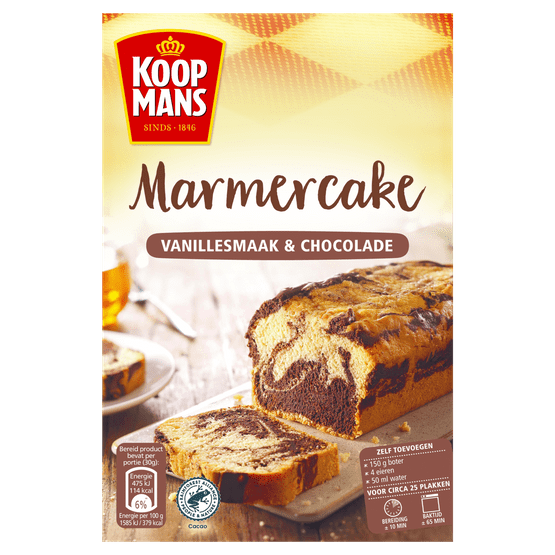 Foto van Koopmans Marmercake mix vanille-chocolade op witte achtergrond