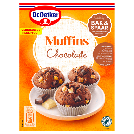 Foto van Dr. Oetker Mix voor muffins chocolade op witte achtergrond