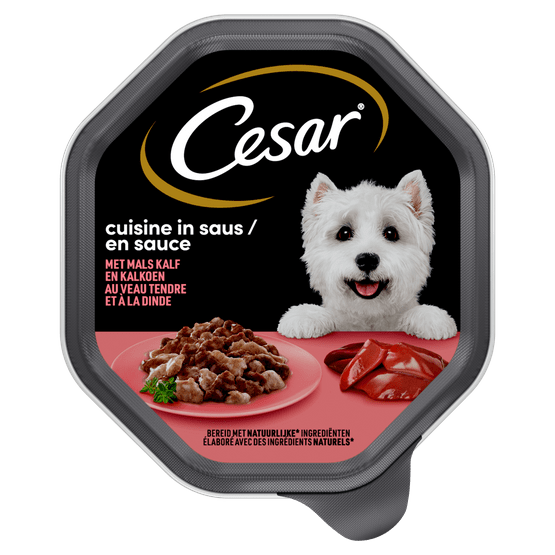 Foto van Cesar Classic hondenvoer kalf & kalkoen in saus op witte achtergrond