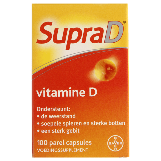 Foto van Supradyn Vitamine D capsules 5 mg op witte achtergrond