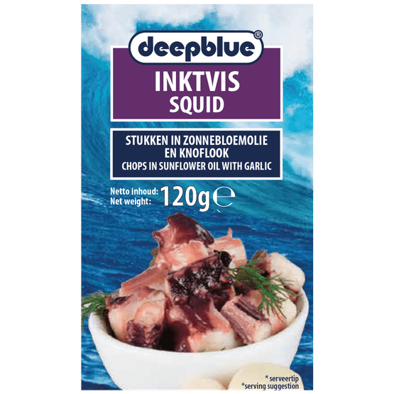 Foto van Deepblue Inktvis in zonnebloemolie en knoflook op witte achtergrond