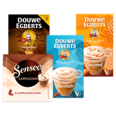 Douwe Egberts oploskoffie of Senseo cappuccino of latte