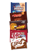 Smarties, Lion, Kitkat, Rolo, Nuts of Bros